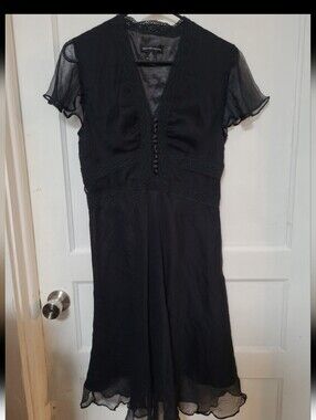 Spenser Jeremy Black V-Neck Crochet Midi Silk Dress with Sheer Flutter Sleeves 6
